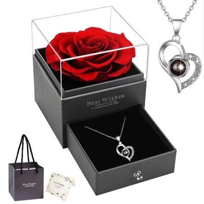 Projection Necklace Set With Rose Gift Box 100 Languages I Love You Heart Pendant Jewelry_img_0